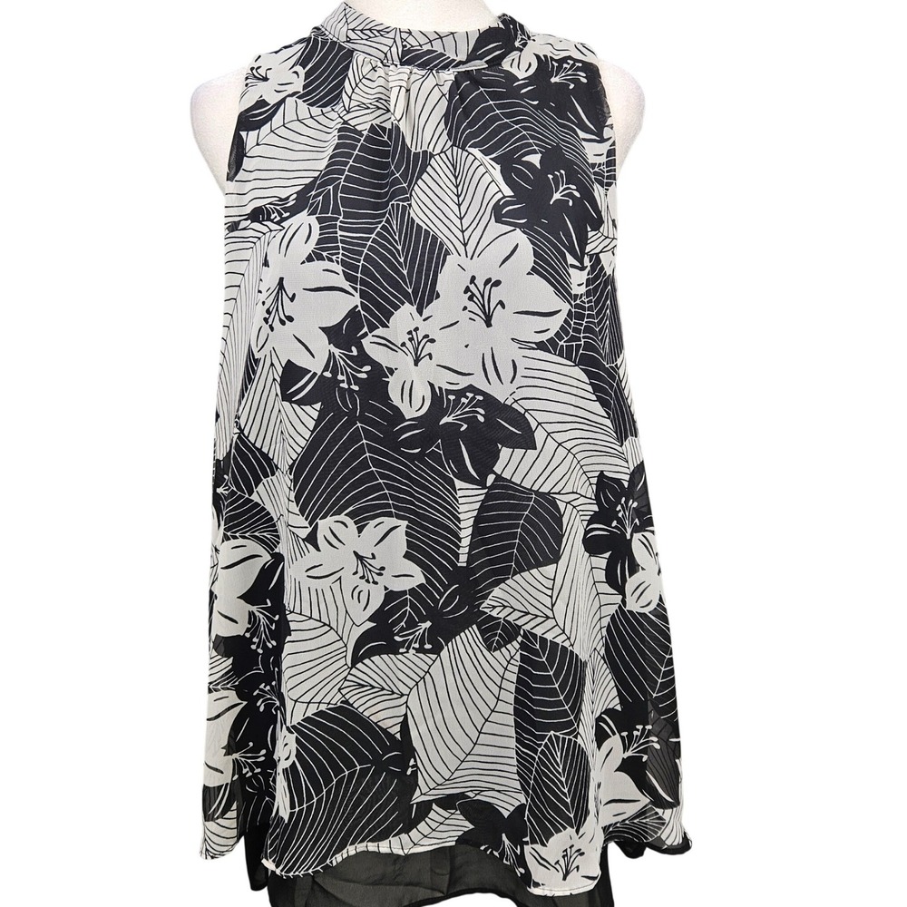 Charming Charlie Womens Black White Tropical Floral Split Back Blouse Large NEW